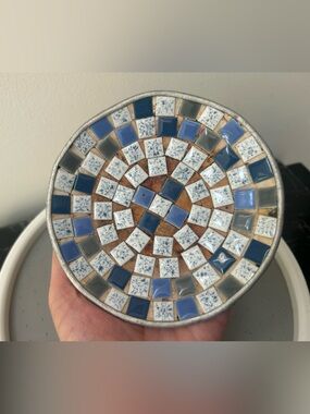 MCM Mosaic Trinket Dish Blue Handmade Decor Mid Century Metal Dish Ashtray